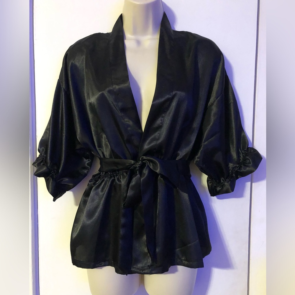 Black Satin Robe Wrap Top Puff Sleeves